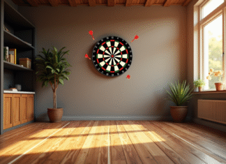 Distance requise pour un jeu de fléchettes électronique : conseils pour une installation idéale Salle de jeux moderne avec panneau électronique de darts et ligne de lancer