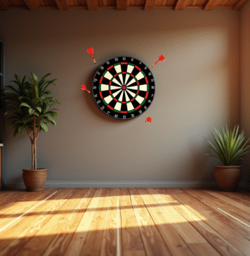 Distance requise pour un jeu de fléchettes électronique : conseils pour une installation idéale Salle de jeux moderne avec panneau électronique de darts et ligne de lancer