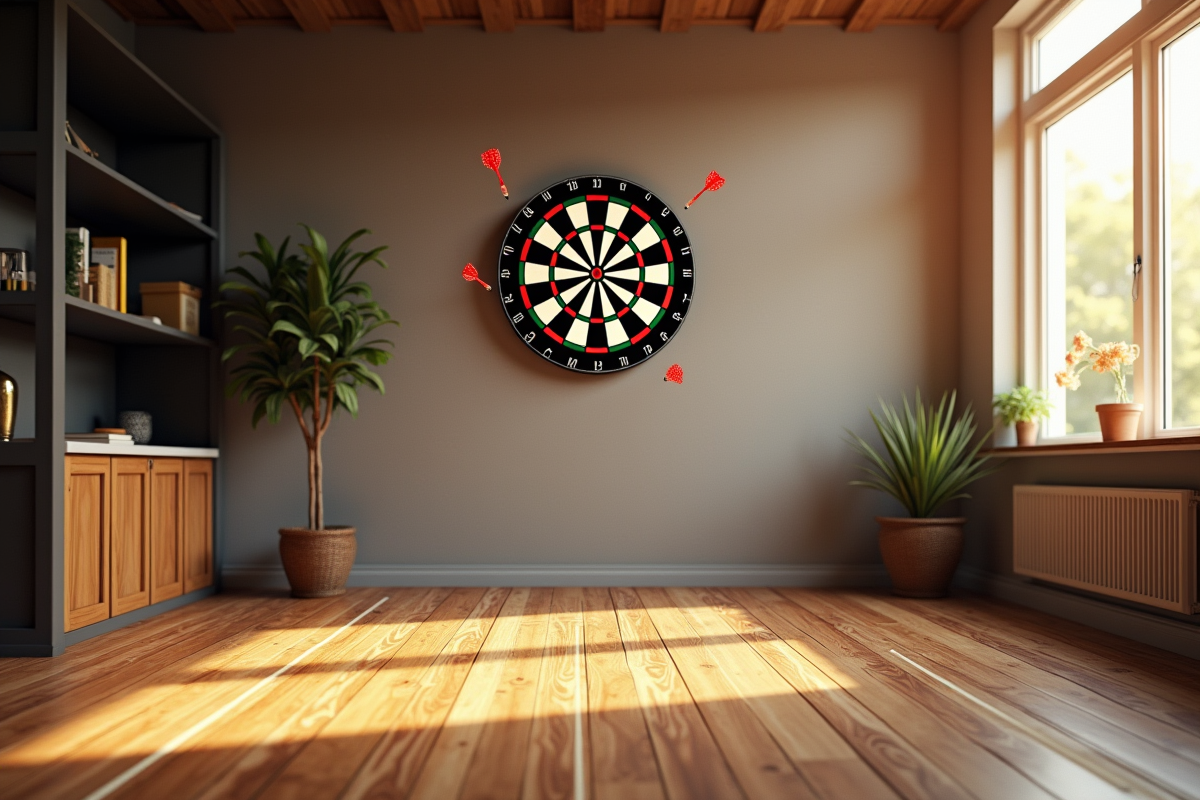 Salle de jeux moderne avec panneau électronique de darts et ligne de lancer