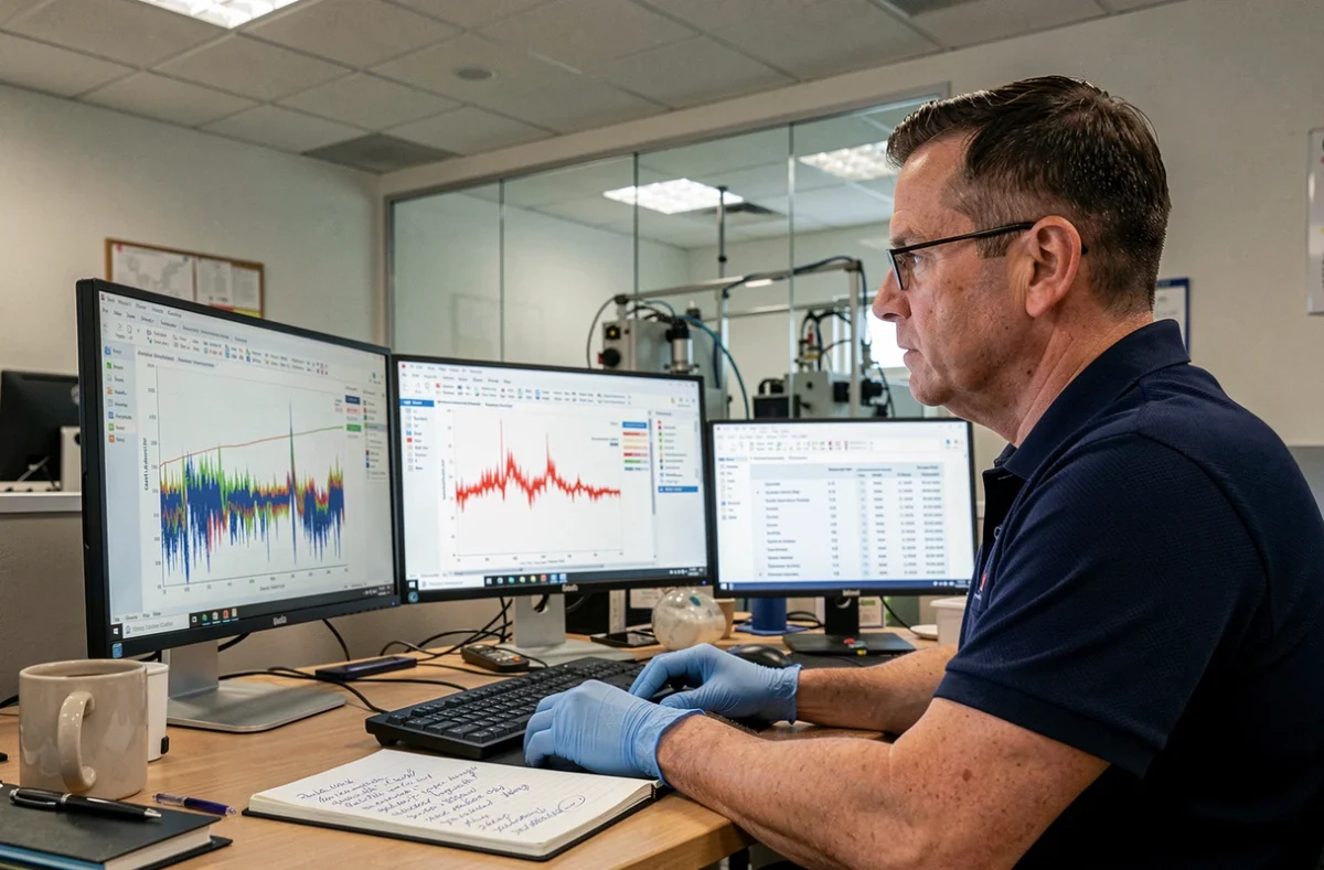 Scientifique masculin analysant des données de spectrométrie de masse quadripolaire sur ordinateur dans un bureau de R&D