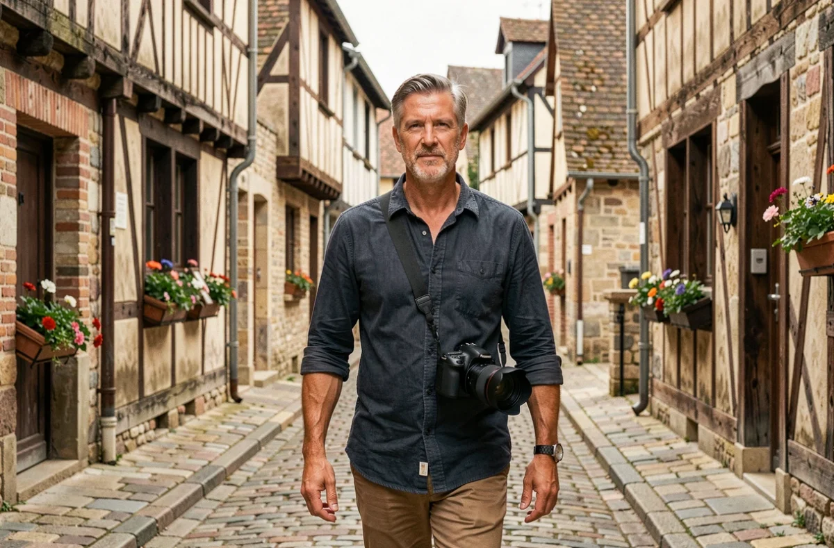 Sébastien Music photographe se promenant dans une ruelle pavée du centre historique de Bayeux dans le Calvados