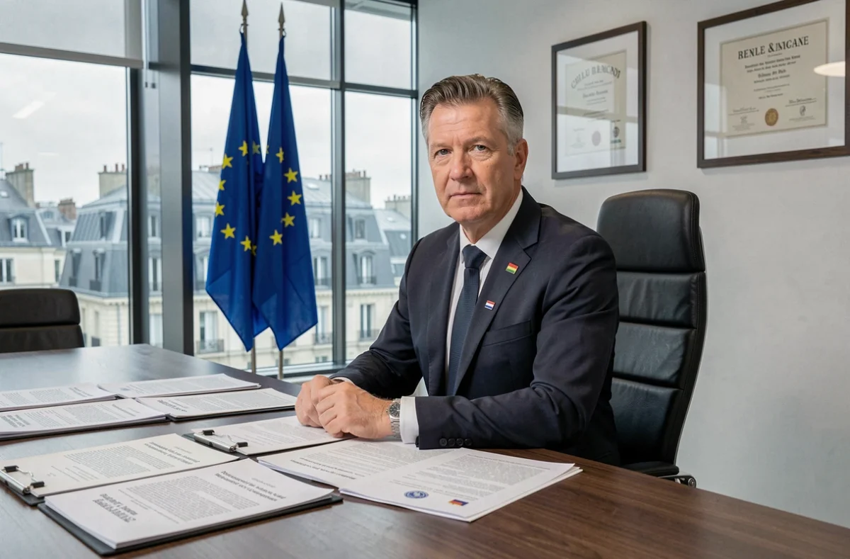 SELARL Aboudahab, spécialisée en droit européen et dossiers transfrontaliers, avec documents multilingues et drapeau européen en salle de réunion