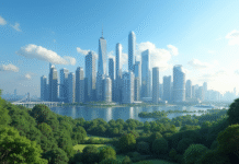 Silhouette d'une ville moderne avec gratte-ciel luxe et espaces verts