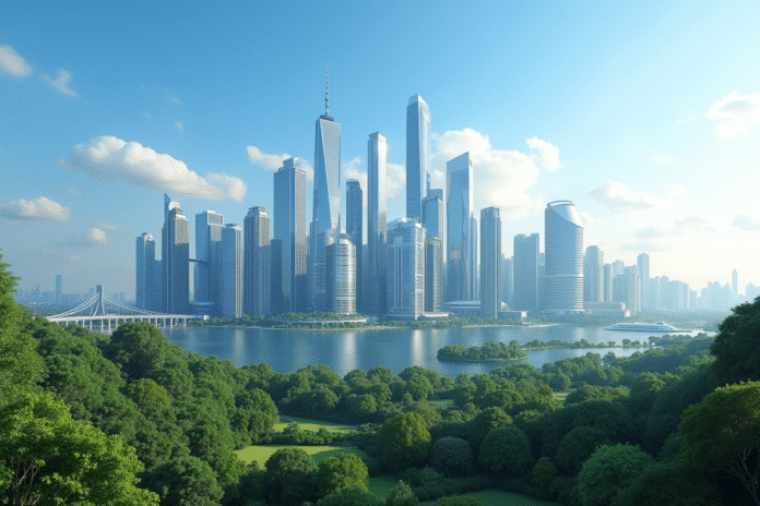 Silhouette d'une ville moderne avec gratte-ciel luxe et espaces verts