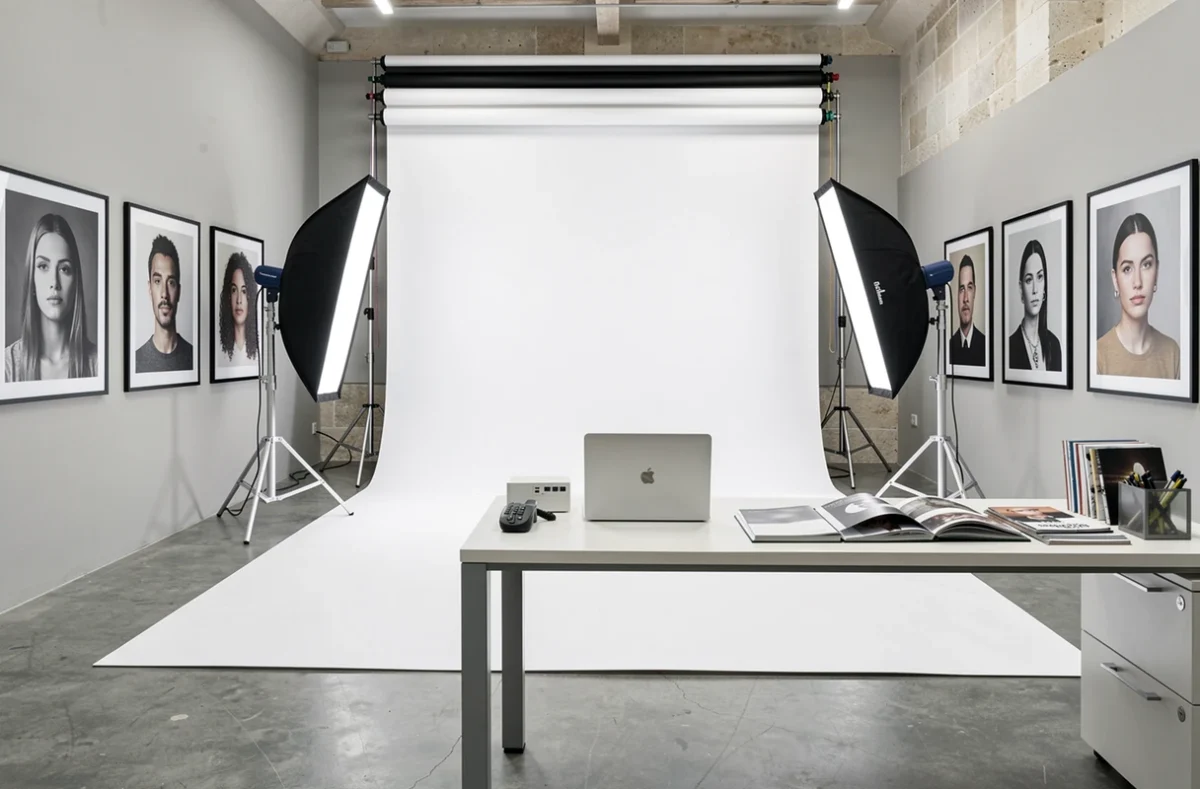 Intérieur du Studio Lenoir à Caen avec fond blanc, réflecteurs et espace de consultation client élégant