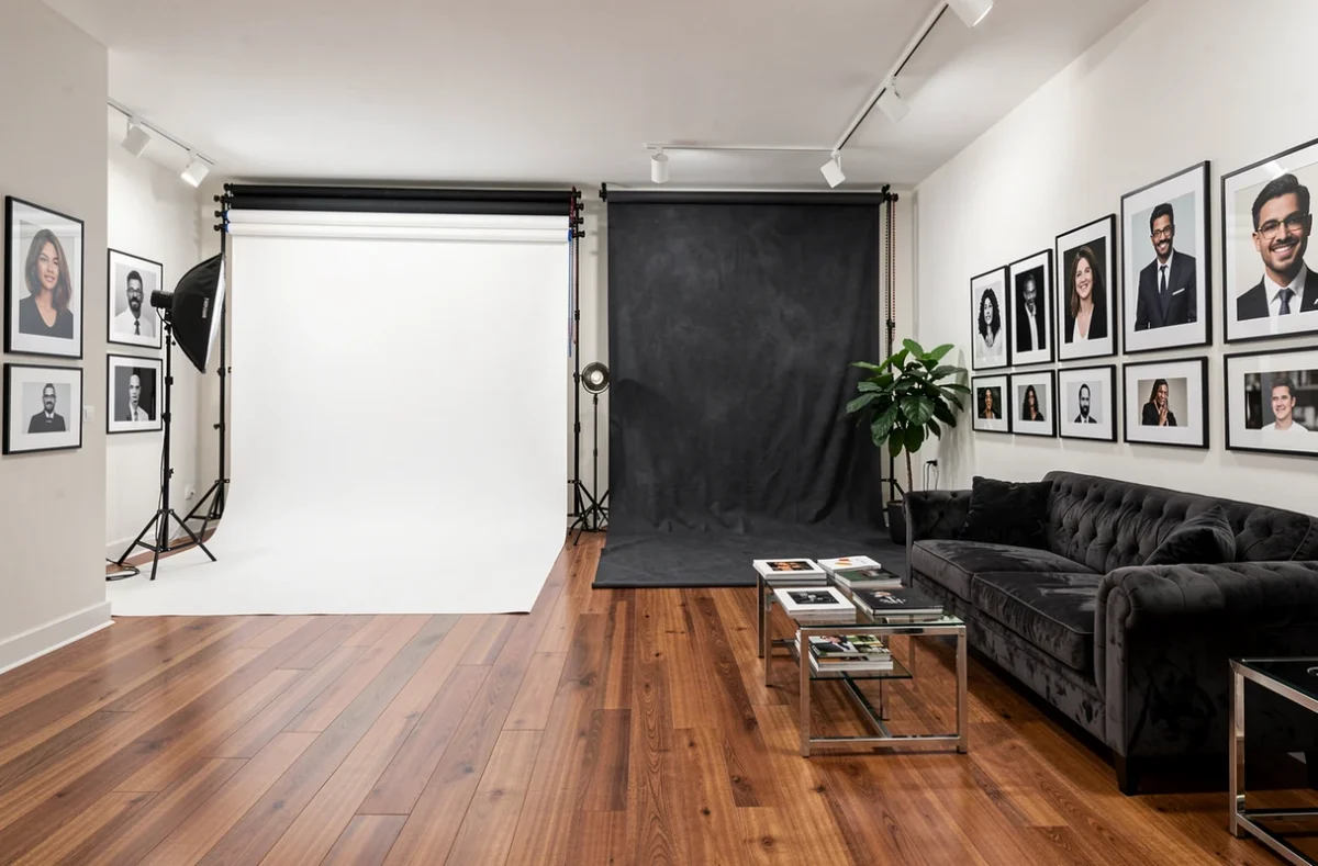Intérieur du Studio Photo Premium de Caen avec plusieurs zones de prise de vue et espace de réception élégant