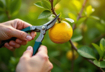 Mains taillant un citronnier en plein jour