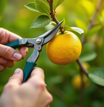 Mains taillant un citronnier en plein jour
