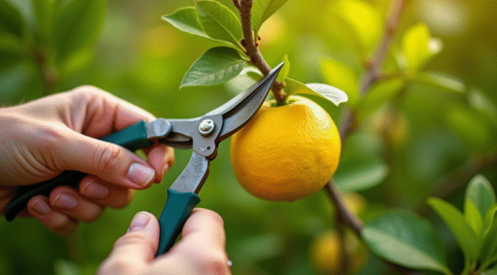 Mains taillant un citronnier en plein jour