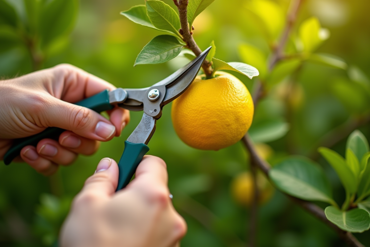 Mains taillant un citronnier en plein jour