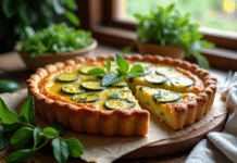 Tarte aux courgettes fraîche sortie du four sur une table en bois