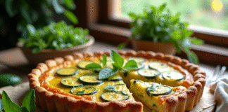 Tarte aux courgettes fraîche sortie du four sur une table en bois