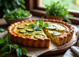 Tarte aux courgettes fraîche sortie du four sur une table en bois