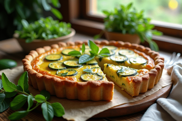 tarte-courgette-fraiche Tarte aux courgettes fraîche sortie du four sur une table en bois
