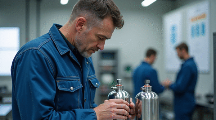 Explosif : hydrogène vs essence, le match ! Quelle est la différence ? Technicien inspectant un réservoir d'hydrogène dans un laboratoire