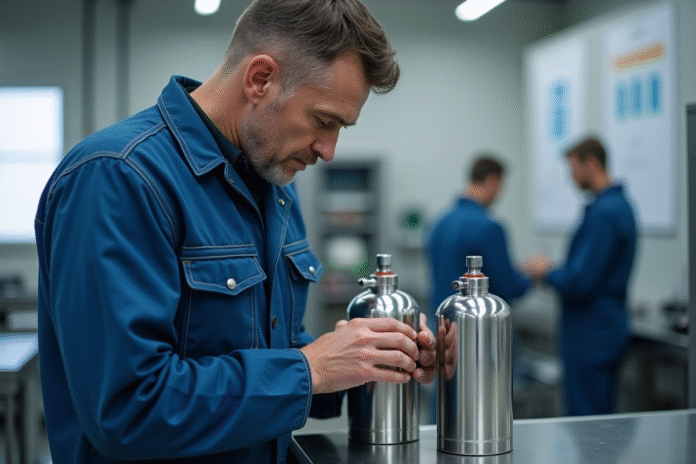 Technicien inspectant un réservoir d'hydrogène dans un laboratoire