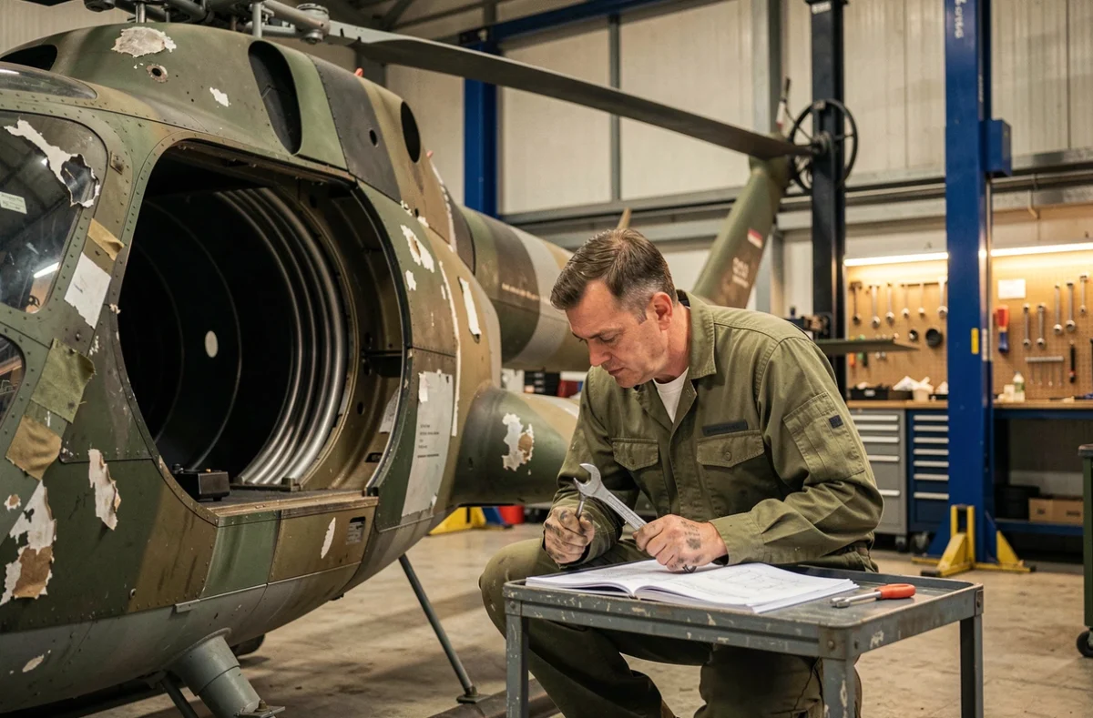 Technicien de maintenance militaire français travaillant sur le moteur ouvert d'un hélicoptère de combat de génération ancienne dans un atelier de base aérienne