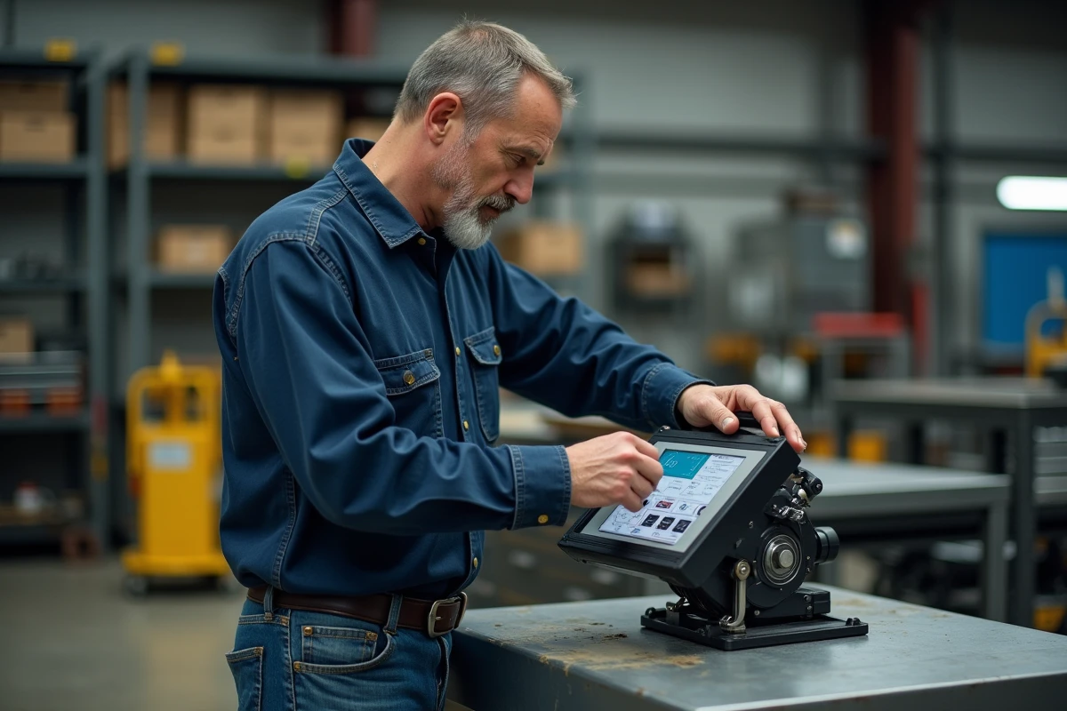 Technicien homme ajustant un dynamometre en atelier mécanique