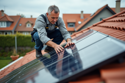 Technicien solaire en action sur un toit en tuiles dans une banlieue française