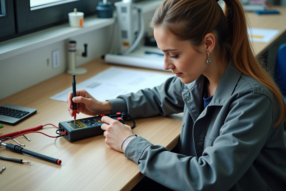 Technicienne électrique testant une borne de connexion avec un multimètre pour détecter une erreur de câblage en laboratoire