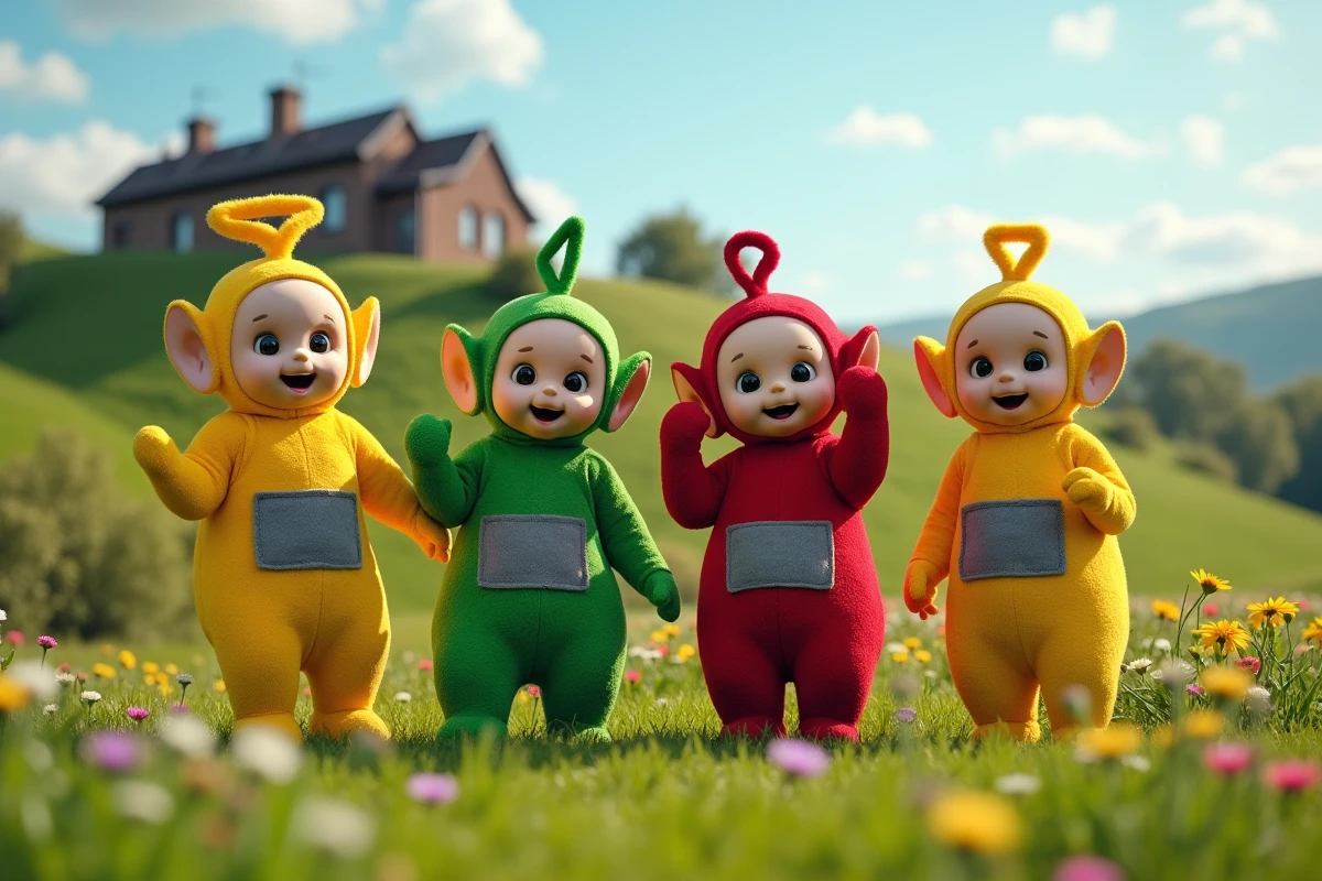 Groupe de Télétubbies colorés en plein air avec paysage verdoyant