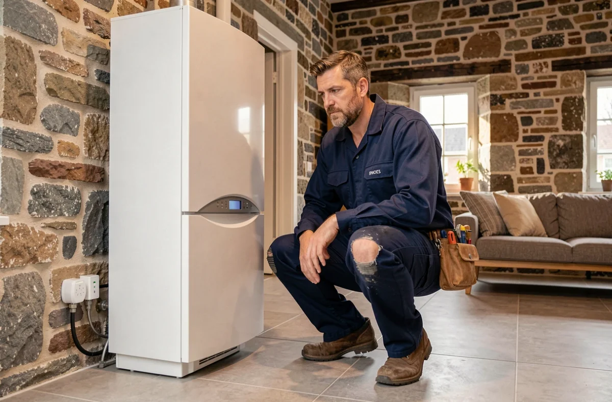 Un chauffagiste professionnel en uniforme inspecte une chaudière moderne dans un appartement rennais, illustrant le top 10 des chauffagistes à Rennes en 2026
