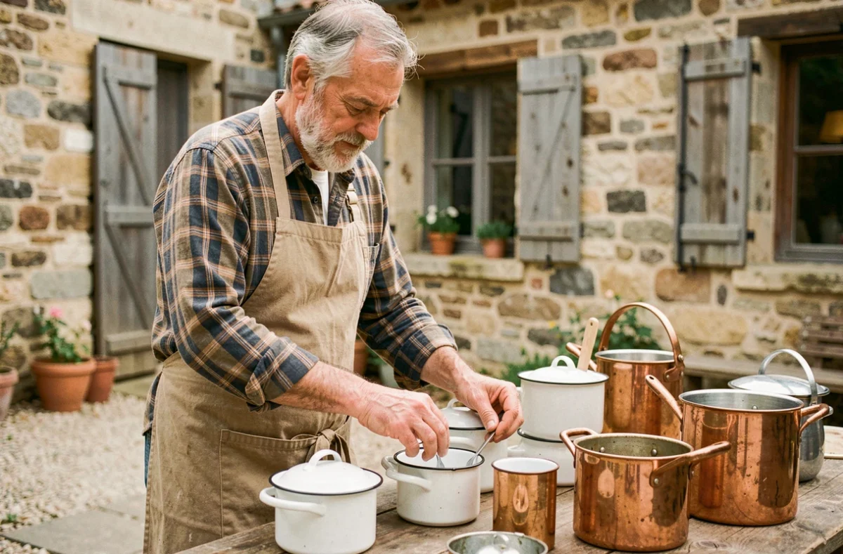 Vendeur de brocante arrangeant des ustensiles en émail et cuivre anciens dans une cour en pierre du Cantal