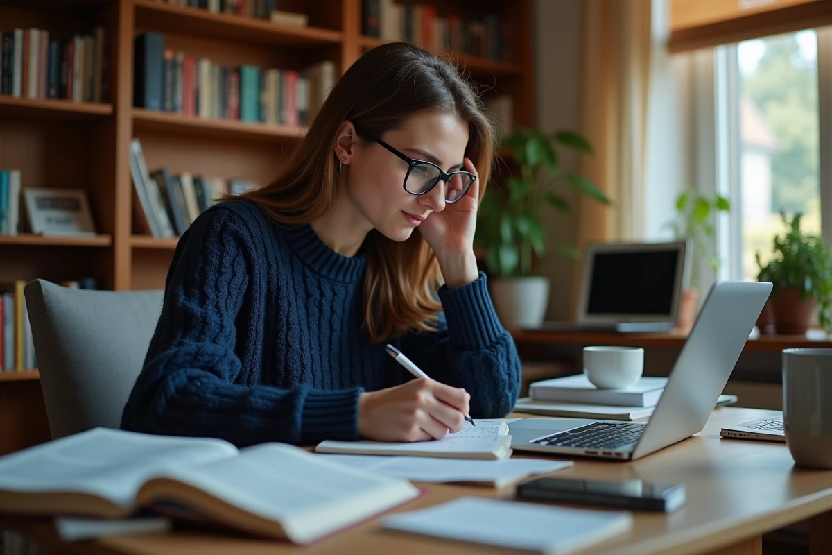 Femme vérifiant des sources sur un blog depuis son bureau encombré de livres et de notes manuscrites