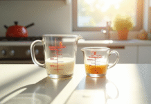 Deux verres doseurs côte à côte en cuisine ensoleillée