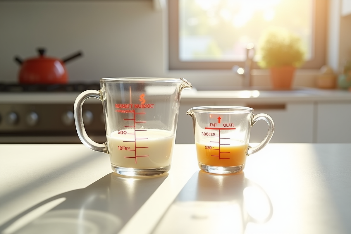 Deux verres doseurs côte à côte en cuisine ensoleillée