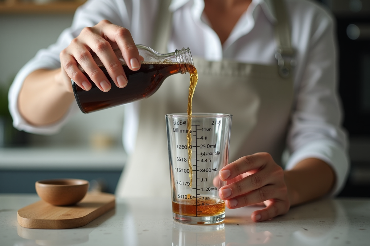 Personne versant un liquide dans un verre avec mesures en millilitres
