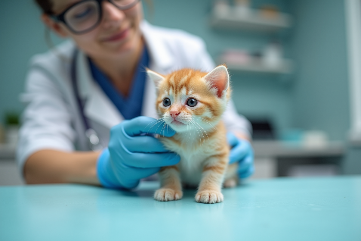 Vétérinaire examinant un chaton sur une table propre et lumineuse