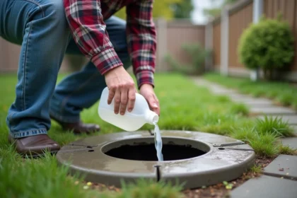 Homme versant du vinaigre dans une fosse septique extérieure