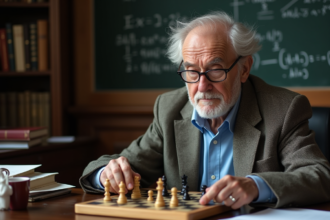 Homme age jouant aux echecs dans un bureau scholarly