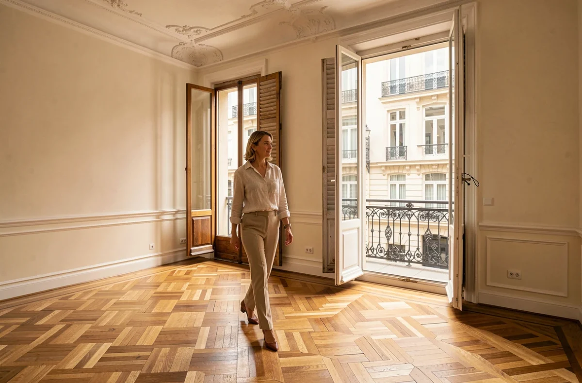 Femme visitant un appartement vide avec parquet ancien et fenêtres donnant sur la rue dans un immeuble niçois classique
