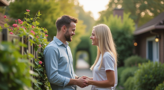 Voisins souriants près de la clôture du jardin