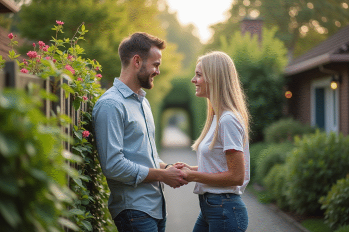 Voisins souriants près de la clôture du jardin